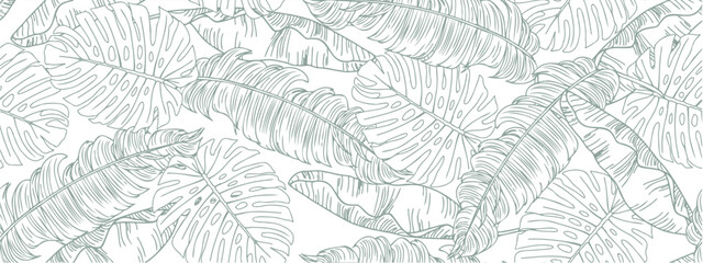 Fototapeta na wymiar Tropical leaf line art wallpaper background vector. Design of natural monstera leaves and banana leaves in a minimalist linear outline style. Design for fabric, print, cover, banner, decoration.