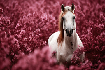 beautiful white horse standing in a field of maroon flowers, ai generated - obrazy, fototapety, plakaty