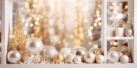 Obraz na płótnie Canvas Luxury Christmas showcase with balls or bauble with confetti, decoration, lights, bokeh. Christmas and New year card. Promotional, sales. Holidays background with copy space. Generative ai.