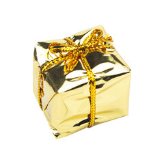golden gift box in shiny packaging isolated from background