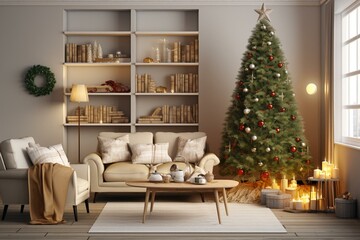 Festive living room adorned in Scandinavian style, featuring a Christmas tree, decorations, and various framed artworks. 3D rendered scene. Generative AI