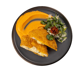 Veal schnitzel stuffed with pickles and cheese