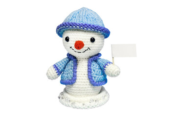 snowman, cheerful snowman with blank poster, space for text or advertising, isolated