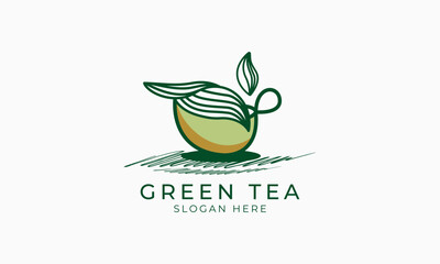 green tea logo design, minimalist traditional vintage cup for cafe logos suitable for food and beverage businesses