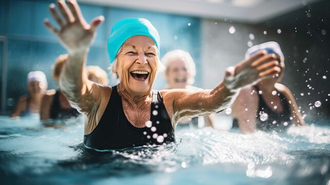 Senior woman laughing at aquagym class in a swimming pool created with Generative AI.