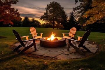 Outdoor fire pit in the backyard, with lawn chairs seating on a late summer or autumn night - Powered by Adobe