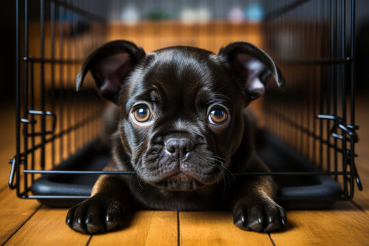 Adorable black puppy enclosed within a cage, evoking poignant emotions with its innocence and vulnerability.