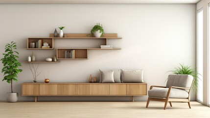Photo 3d rendering modern little living room have cabinet and wood shelves on wood flooring with furnitures on white wall. living room concept and variatif angles.