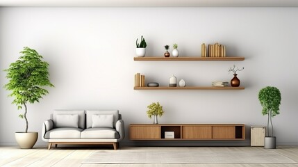 Photo 3d rendering modern little living room have cabinet and wood shelves on wood flooring with furnitures on white wall. living room concept and variatif angles.