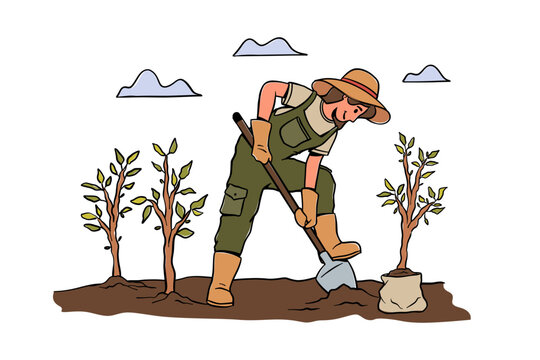 Female farmer planting vector illustration