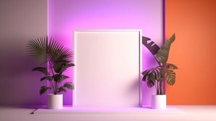 Abstract composition with ornamental plants and neon illuminated rectangle for your background. AI Generation 
