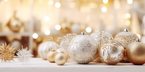 Fototapeta na wymiar Luxury Christmas showcase with balls or bauble with confetti, decoration, lights, bokeh. Christmas and New year card. Promotional, sales. Holidays background with copy space. Generative ai.