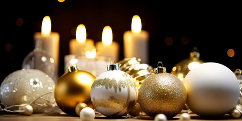 Fototapeta premium Luxury Christmas showcase with balls or bauble with confetti, decoration, lights, bokeh. Christmas and New year card. Promotional, sales. Holidays background with copy space. Generative ai.