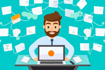 Innovative flat design featuring a focused journalist, seated on a tower of newspapers, typing out today's top story on his laptop, set against a minimalist background.