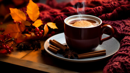 A close-up of a steaming mug of hot cocoa next to a stack of knitted sweaters in rich colors evoking warmth and comfort 