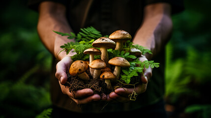 Naklejka na ściany i meble A close-up shot of a hand holding freshly foraged mushrooms against a lush green forest background with empty space for text 