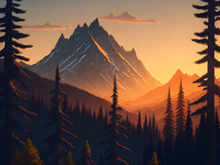 Digital illustration of coniferous mountains landscape at sunset, generative ai
