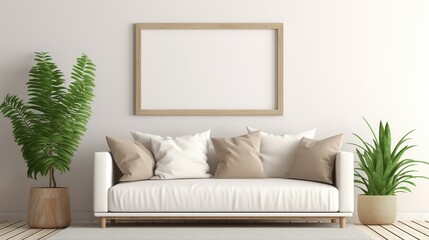 Picture frame mockup in a boho themed bedroom, comfy couch, one green plant to the side, neutral colored decor, white accents