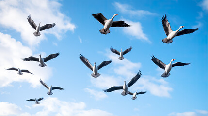 A flock of geese flying in a V-formation across a pristine blue sky symbolizing the annual migration in autumn 