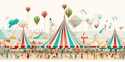 Enchanting flat design circus scene, vibrant colors, clowns delighting, high-flying acrobats in action, magical tents. Perfect for family fun and entertainment projects.