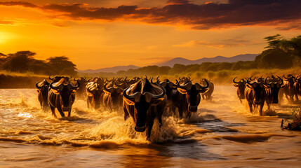 A golden-hued landscape sets the stage as a river of wildebeest majestically crosses the African plains during their annual migration 