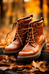A rustic pair of ankle boots surrounded by fallen leaves capturing the essence of autumn fashion trends 
