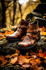 A rustic pair of ankle boots surrounded by fallen leaves capturing the essence of autumn fashion trends 