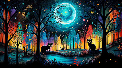 Halloween background with full moon, trees and cats illustration. selective focus. 
