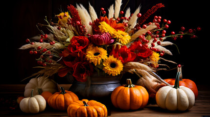 Naklejka na ściany i meble A rustic pumpkin arrangement showcasing the vibrant colors and bountiful harvest of a rural autumn festival 