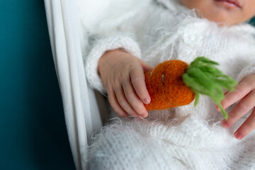 carrot in the small hands of a newborn