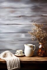 A rustic wooden table adorned with vintage knitted sweaters and mugs of steaming cocoa background with empty space for text 