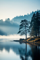 A serene misty morning landscape in November showcasing rolling hills and a calm lake background...