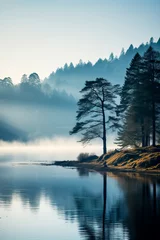 A serene misty morning landscape in November showcasing rolling hills and a calm lake background with empty space for text 