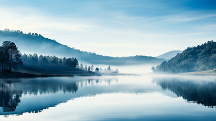 Fototapeta na wymiar A serene misty morning landscape in November showcasing rolling hills and a calm lake background with empty space for text 