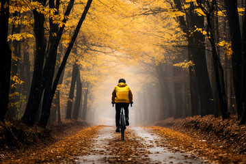 As the golden leaves fall a solitary cyclist navigates the misty streets capturing the melancholic allure of late autumn 