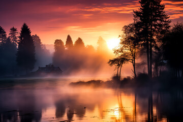 As the sun rises a mystical fog blankets the serene countryside revealing majestic trees and tranquil lakes 