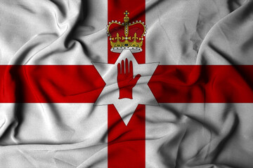 selective focus of Northern Ireland flag, with waving fabric texture. 3d illustration