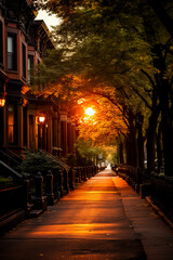 Fototapeta na wymiar The setting sun casts a warm golden glow over the city highlighting the vibrant fall foliage and tranquil streets 