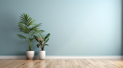 Room with empty grey wall, wooden floor with plant. Bright room interior mockup. Empty room for mockup