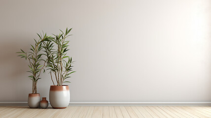 Room with empty grey wall, wooden floor with plant. Bright room interior mockup. Empty room for mockup