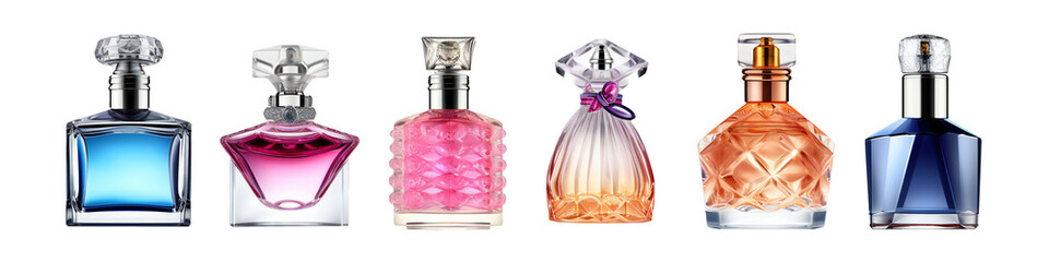 Different kind of generic perfume bottles isolated on transparent - obrazy, fototapety, plakaty