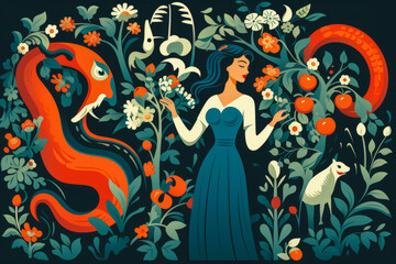 Charming flat design of Eve in paradise with a serpent coiled around a tree, depicting innocence, spirituality and biblical temptation.