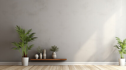 Room with empty grey wall, wooden floor with plant. Bright room interior mockup. Empty room for mockup. Generative AI