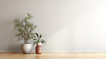 Obraz na płótnie Canvas Room with empty wall, wooden floor with plant. Bright room interior mockup. Empty room for mockup. Generative AI
