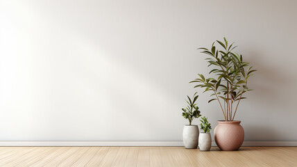 Room with empty grey wall, wooden floor with plant. Bright room interior mockup. Empty room for mockup. Generative AI