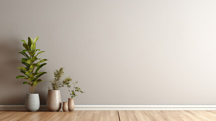 Obraz na płótnie Canvas Room with empty grey wall, wooden floor with plant. Bright room interior mockup. Empty room for mockup