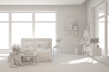 Grey lbedroom concept. Scandinavian interior design. 3D illustration
