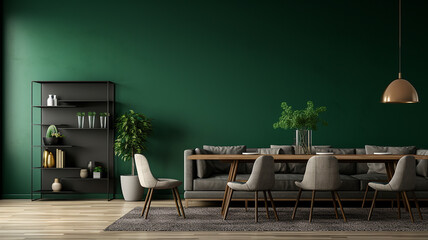 Modern interior design of apartment, dining room, empty living room with dark green wall. Generative AI