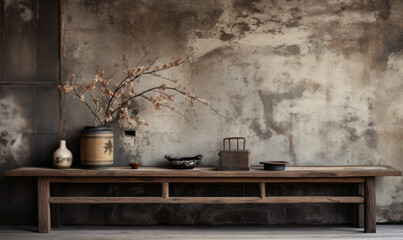 Wabi-sabi interior with vases on a shelf and table, . Created by AI