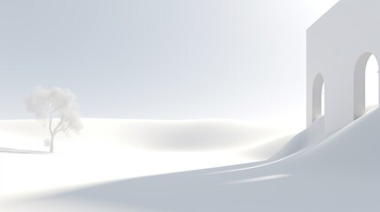 White abstract composition with tree and wall with arches. AI Generation 